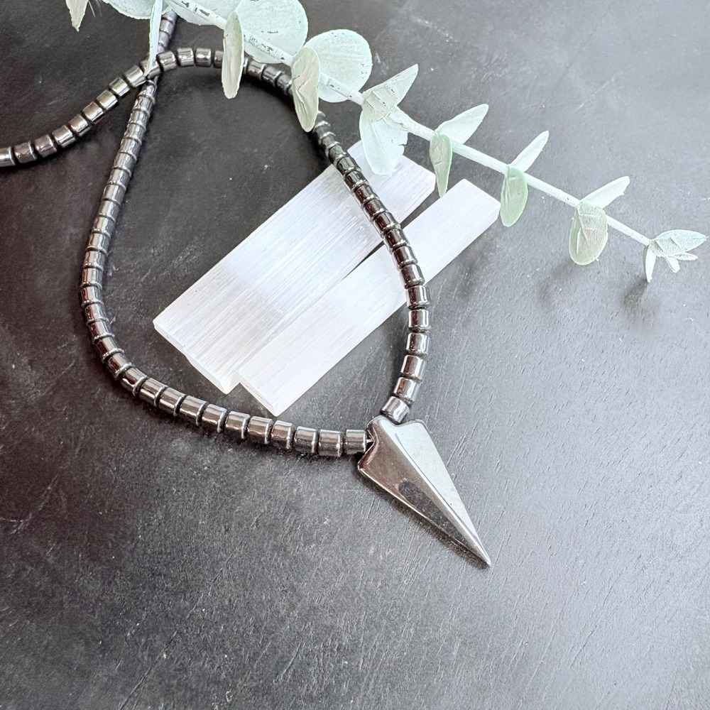 Vintage Hematite Necklace | Triangle‎ Pendant | Long Beaded Stone Jewelry | Boho